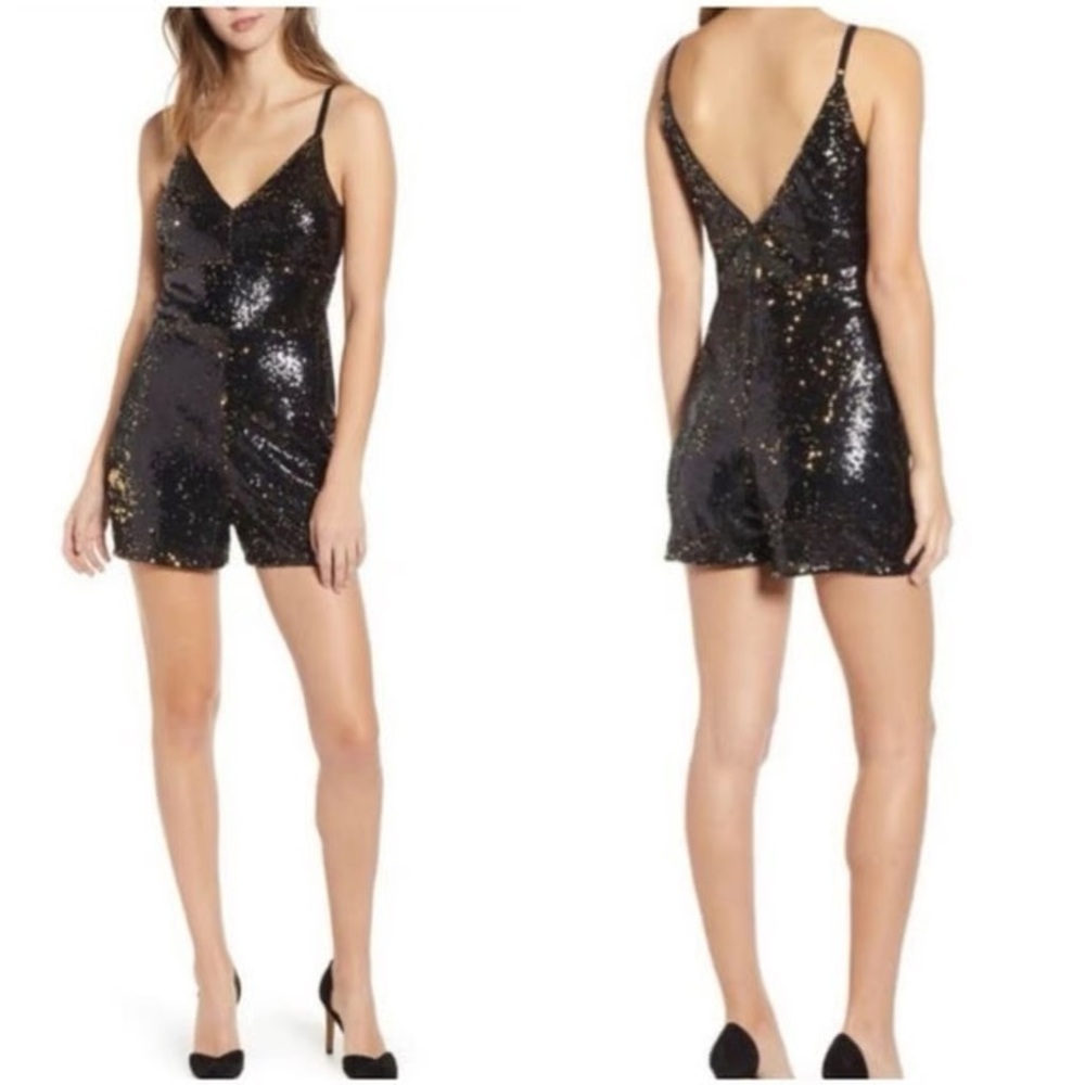 Leith Romper Womens Size S Black & Gold Sequin V-Neck Party Cocktail - Picture 1 of 8